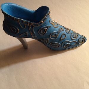 K's Collection Miniature High Heeled Shoe Blue Gold-Tone Trim Silver-Tone Heel